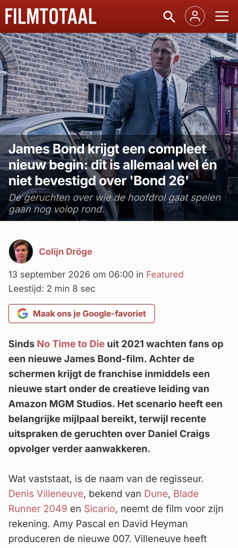 Een artikelpagina van FilmTotaal op een mobiel scherm