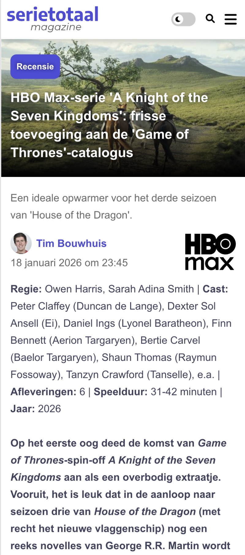 Een artikelpagina van SerieTotaal op een mobiel scherm